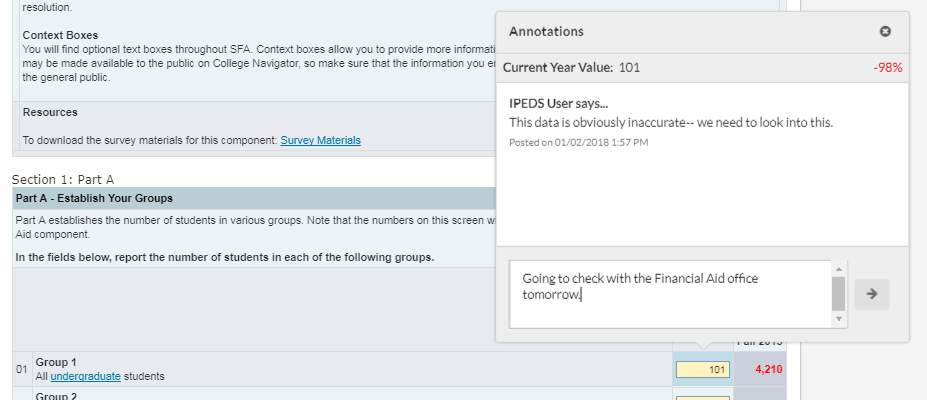 Annotations window showing the current year value, prior year value, and a comment posted by a user.